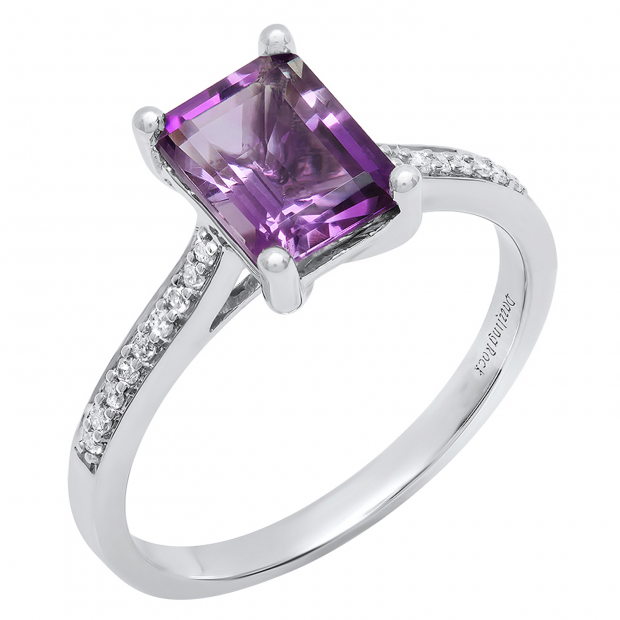 14K White Gold 8X6 MM Emerald Amethyst & Round White Diamond Ladies Bridal Engagement Ring