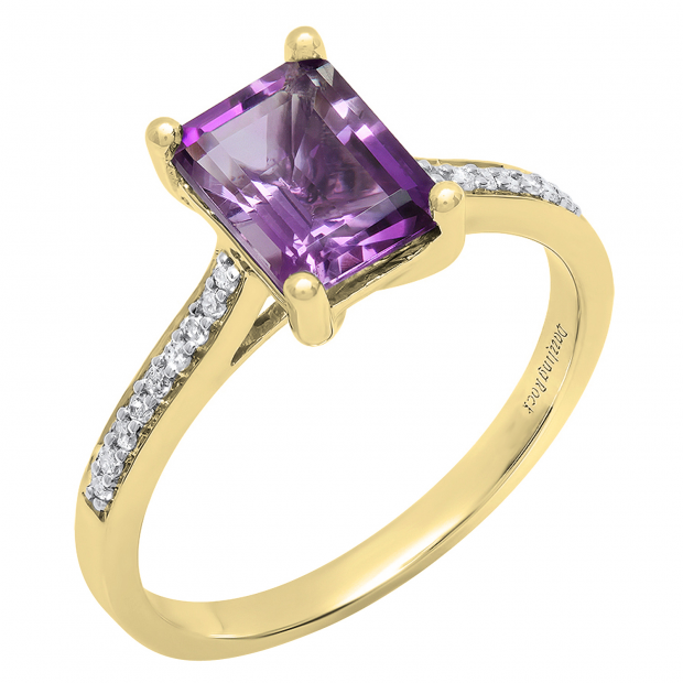 14K Yellow Gold 8X6 MM Emerald Amethyst & Round White Diamond Ladies Bridal Engagement Ring