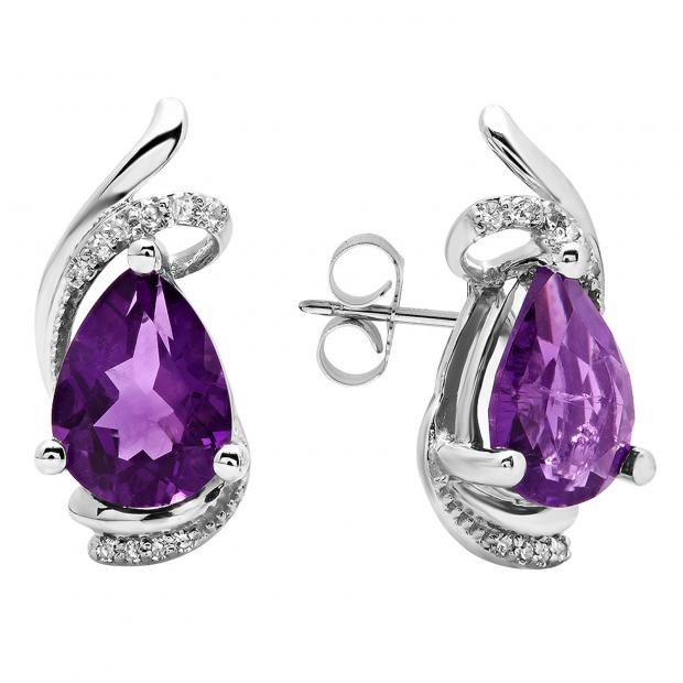 10K White Gold 8X6 MM Each Pear Amethyst & Round Diamond Ladies Fashion Stud Earrings