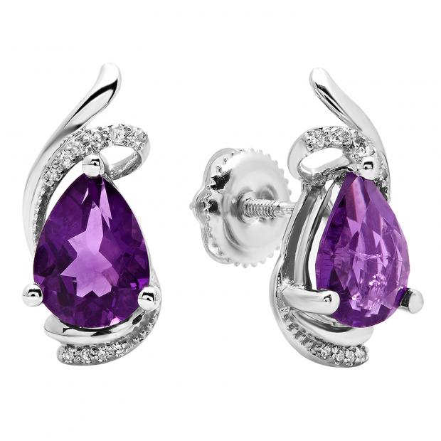 10K White Gold 8X6 MM Each Pear Amethyst & Round Diamond Ladies Fashion Stud Earrings