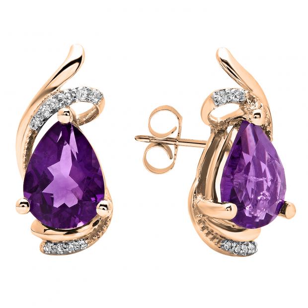 18K Rose Gold 8X6 MM Each Pear Amethyst & Round Diamond Ladies Fashion Stud Earrings