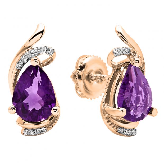 18K Rose Gold 8X6 MM Each Pear Amethyst & Round Diamond Ladies Fashion Stud Earrings