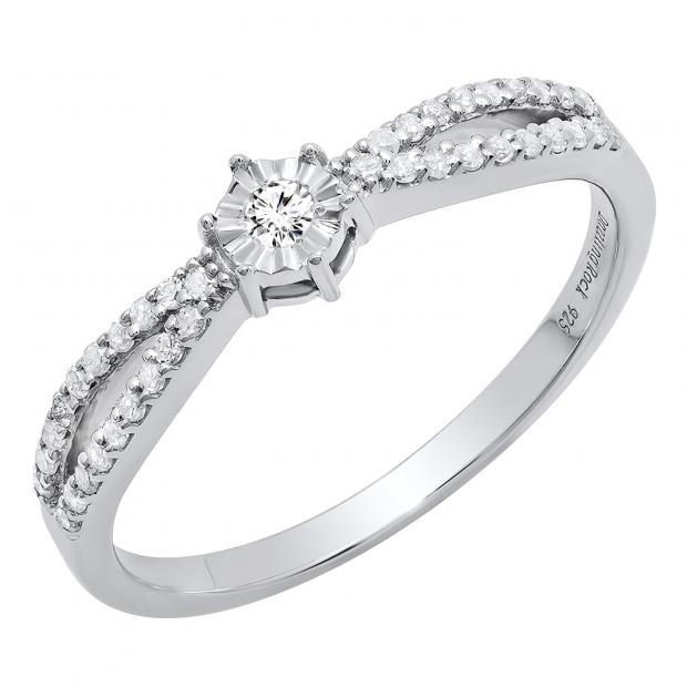 0.20 Carat (ctw) Sterling Silver Round White Diamond Ladies Split Shank Engagement Ring 1/5 CT