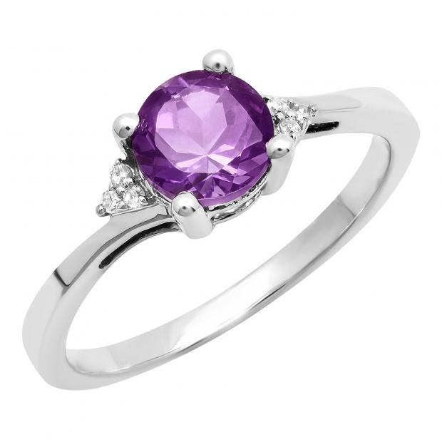 10K White Gold 6 MM Round Amethyst & White Diamond Bridal Engagement Ring