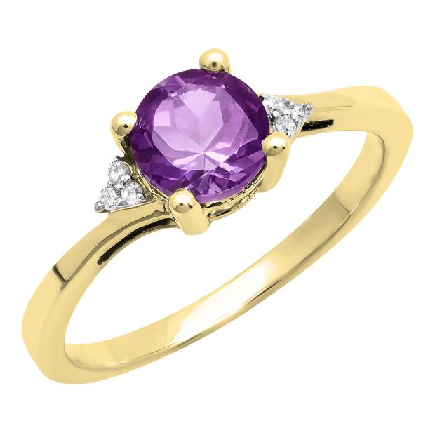 14K Yellow Gold 6 MM Round Amethyst & White Diamond Bridal Engagement Ring