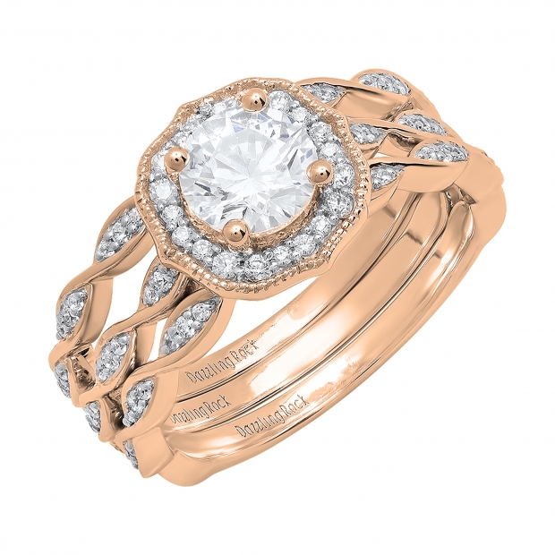 2.10 Carat (ctw) 10K Rose Gold Round White Cubic Zirconia Ladies Halo Engagement Ring Set