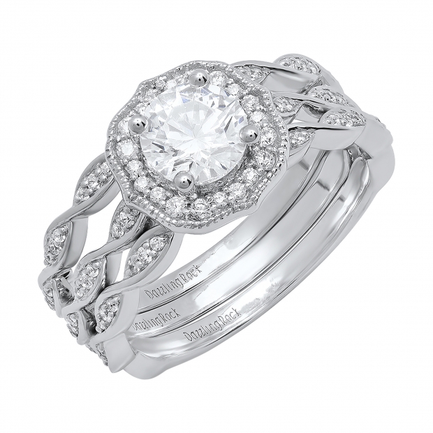 2.10 Carat (ctw) 10K White Gold Round White Cubic Zirconia Ladies Halo Engagement Ring Set
