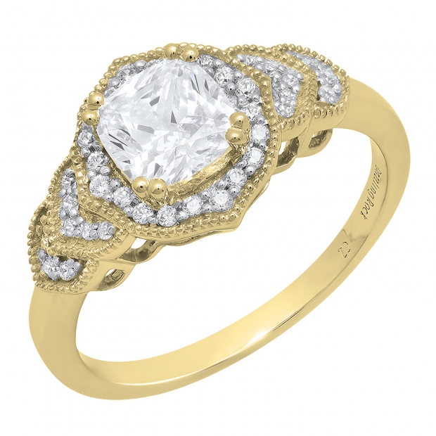 2.00 Carat (ctw) 10K Yellow Gold Cushion & Round White Cubic Zirconia Ladies Halo Engagement Ring