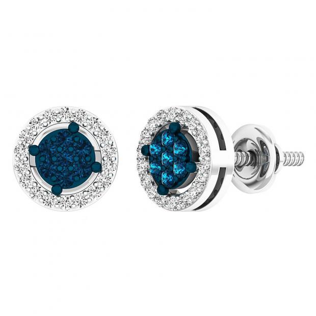 0.28 Carat (ctw) 14K White Gold Round White & Blue Diamond Ladies Cluster Stud Earrings 1/4 CT