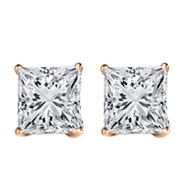 0.10 Carat (ctw) 14K Rose Gold Princess White Diamond Ladies Stud Earrings