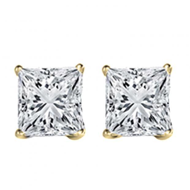 0.10 Carat (ctw) 18K Yellow Gold Princess White Diamond Ladies Stud Earrings