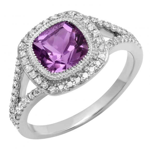10K White Gold 7 MM Cushion Amethyst & Round White Diamond Ladies Bridal Halo Engagement Ring