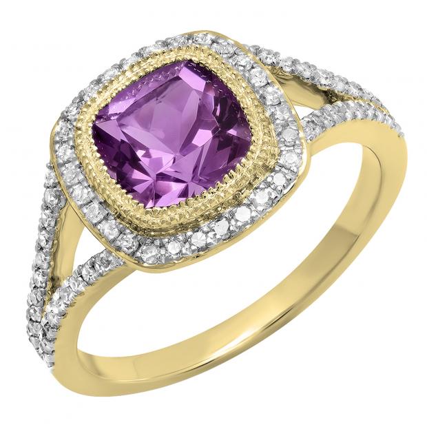 10K Yellow Gold 7 MM Cushion Amethyst & Round White Diamond Ladies Bridal Halo Engagement Ring