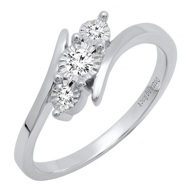 0.20 Carat (ctw) 10K White Gold Round Diamond Ladies Bridal 3 Stone Engagement Ring 1/5 CT