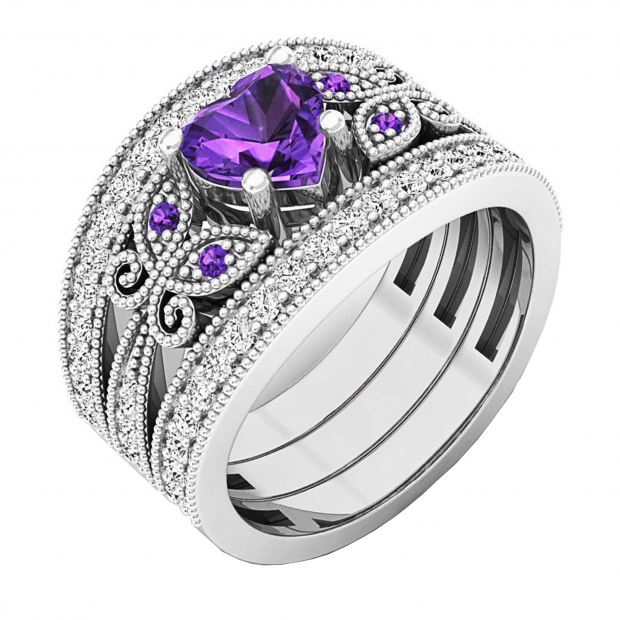 10K White Gold 6 MM Heart & Round Amethyst & Round Cubic Zirconia Ladies Vintage Ring Set