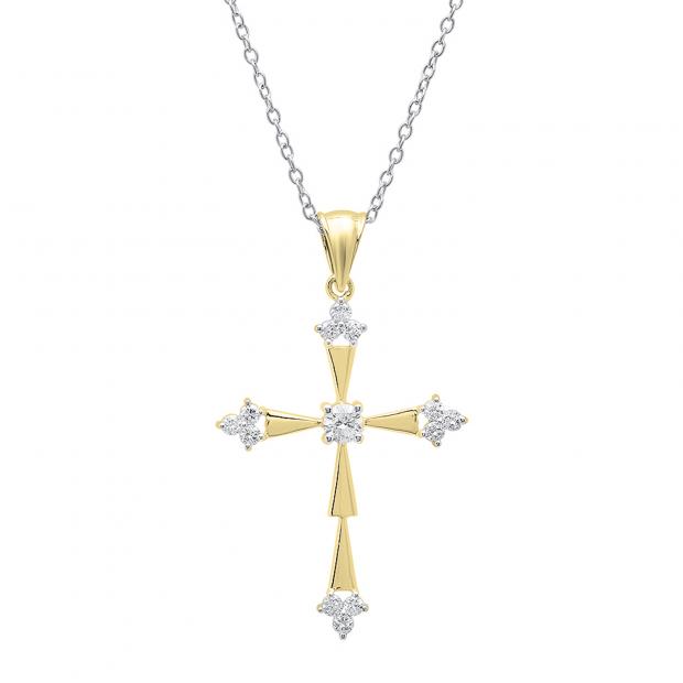 0.50 Carat (ctw) 10K Yellow Gold Round Diamond Ladies Cross Pendant 1/2 CT (Silver Chain Included)