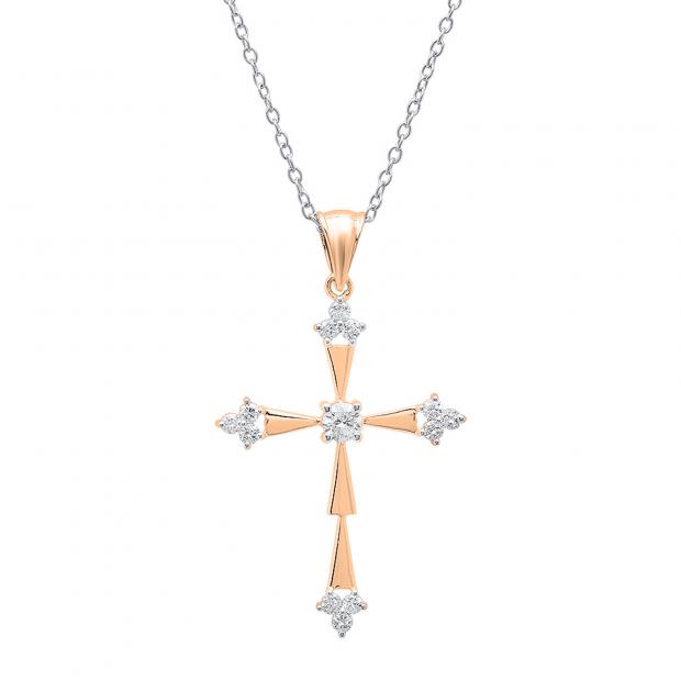 0.50 Carat (ctw) 18K Rose Gold Round Diamond Ladies Cross Pendant 1/2 CT (Silver Chain Included)