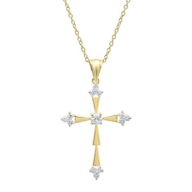 0.50 Carat (ctw) 10K Yellow Gold Round Diamond Ladies Cross Pendant 1/2 CT (Gold Chain Included)