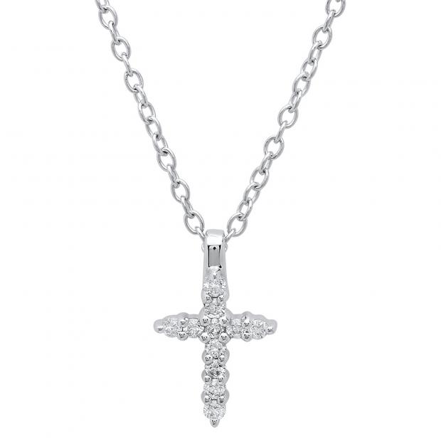0.15 Carat (ctw) 10K White Gold Round White Diamond Ladies Cross Pendant (Silver Chain Included)