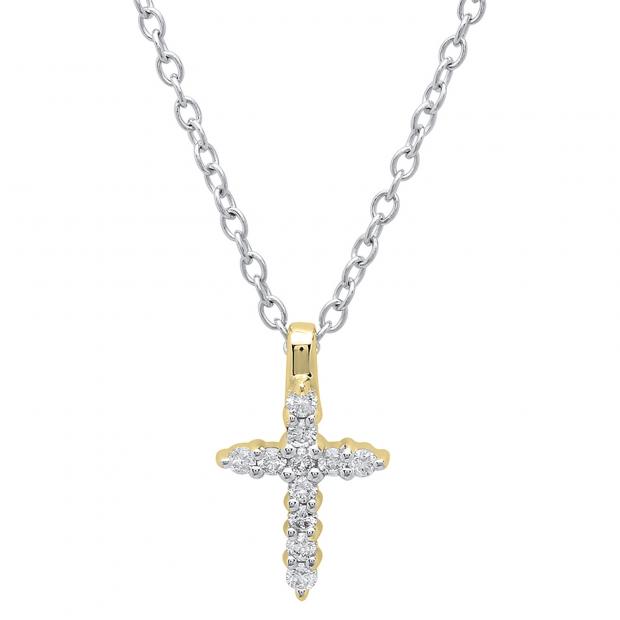 0.15 Carat (ctw) 10K Yellow Gold Round White Diamond Ladies Cross Pendant (Silver Chain Included)