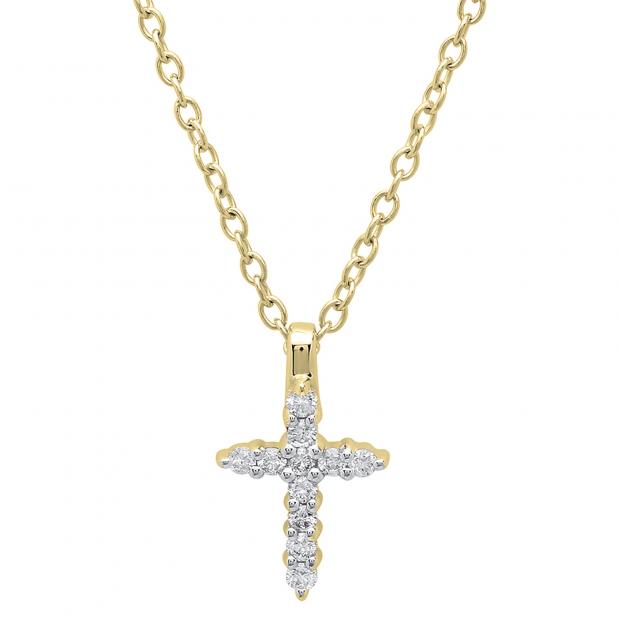 0.15 Carat (ctw) 14K Yellow Gold Round White Diamond Ladies Cross Pendant (Gold Chain Included)