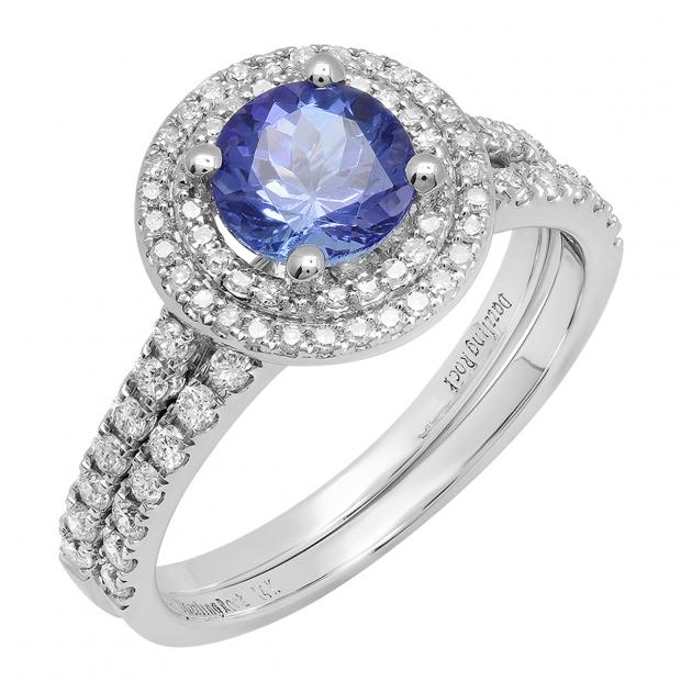 10K White Gold 6.5 MM Round Tanzanite & White Diamond Ladies Halo Bridal Engagement Ring Set