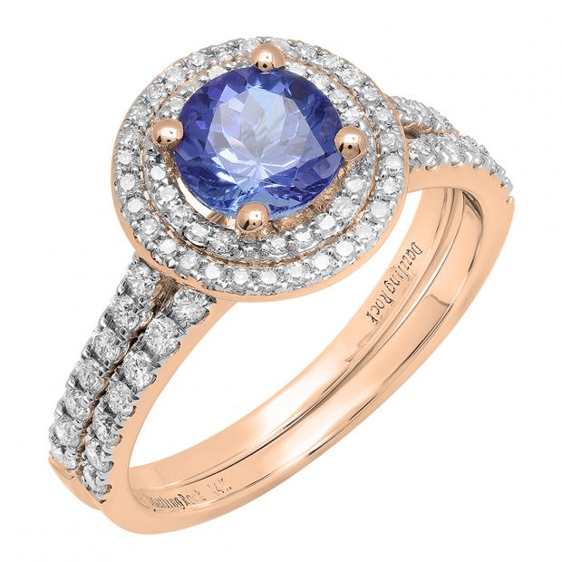 18K Rose Gold 6.5 MM Round Tanzanite & White Diamond Ladies Halo Bridal Engagement Ring Set