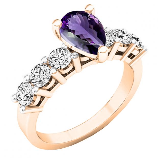 18K Rose Gold 8.5X5.5 MM Pear Amethyst & Round White Diamond Ladies Engagement Ring