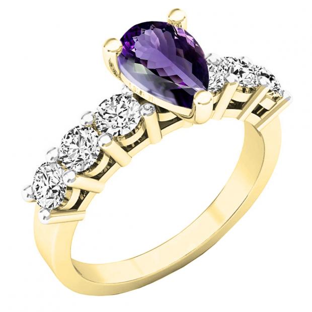 18K Yellow Gold 8.5X5.5 MM Pear Amethyst & Round White Diamond Ladies Engagement Ring
