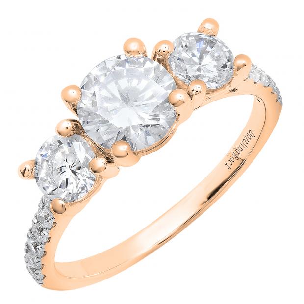 3.60 Carat (ctw) 10K Rose Gold Round White Cubic Zirconia Ladies 3 Stone Bridal Engagement Ring