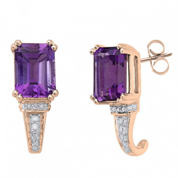 10K Rose Gold 8X6 MM Each Emerald Shape Amethyst & Round Diamond Ladies J Shape Stud Earrings