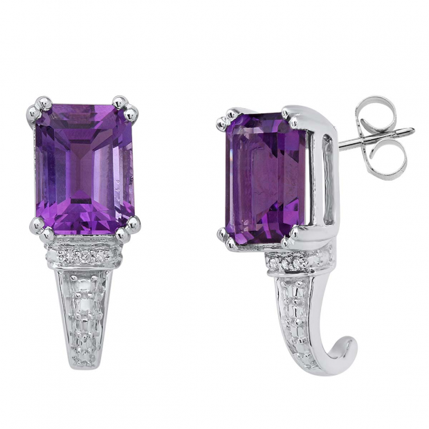 10K White Gold 8X6 MM Each Emerald Shape Amethyst & Round Diamond Ladies J Shape Stud Earrings