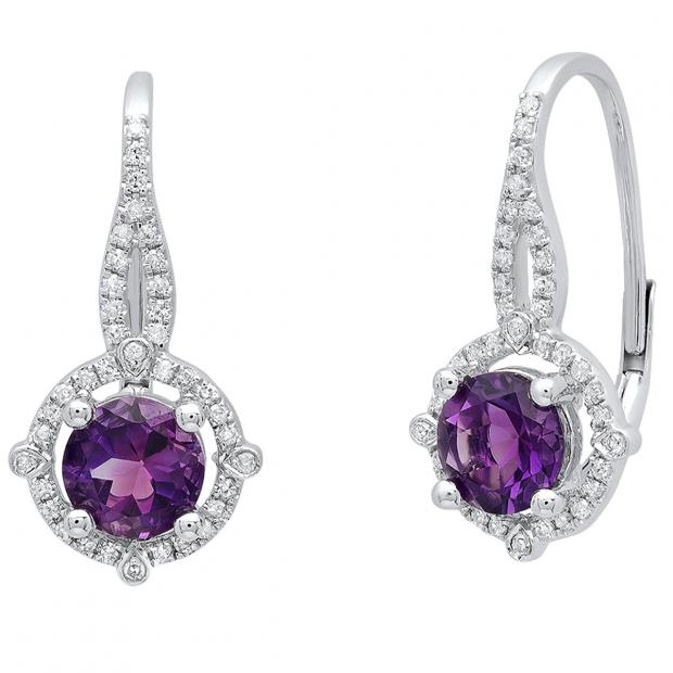 10K White Gold 6 MM Each Round Amethyst & White Diamond Ladies Halo Style Dangling Earrings