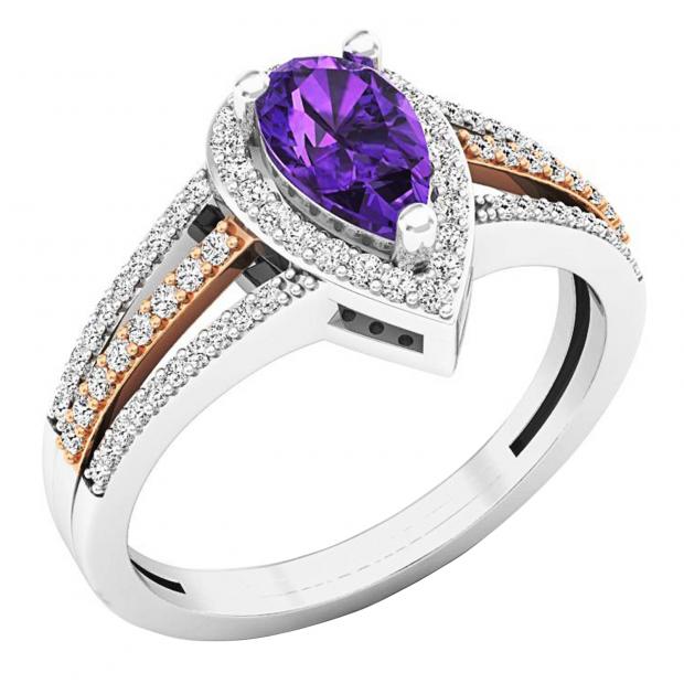 14K White & Rose Gold Two Tone 7.5X4.5 MM Pear Amethyst & Round Diamond Ladies Engagement Ring