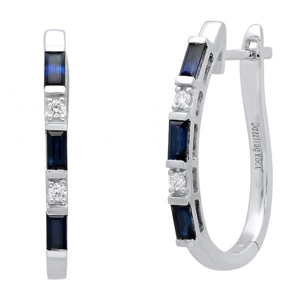 10K White Gold Baguette Blue Sapphire & Round White Diamond Ladies Fashion Hoop Earrings