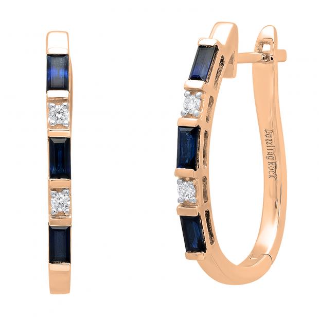 14K Rose Gold Baguette Blue Sapphire & Round White Diamond Ladies Fashion Hoop Earrings