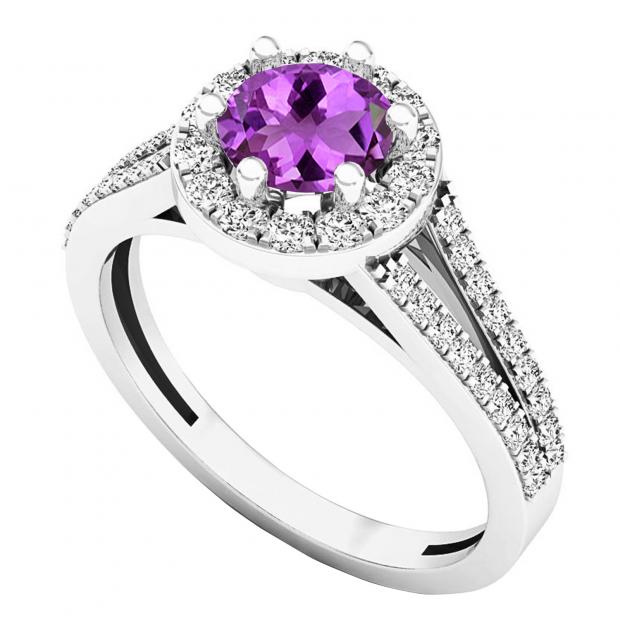 18K White Gold 5.6 MM Round Amethyst & White Diamond Bridal Engagement Ring