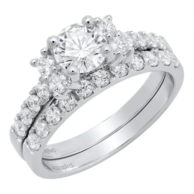3.00 Carat (ctw) Round Cubic Zirconia Five Stone Ladies Engagement Ring Set 10K White Gold
