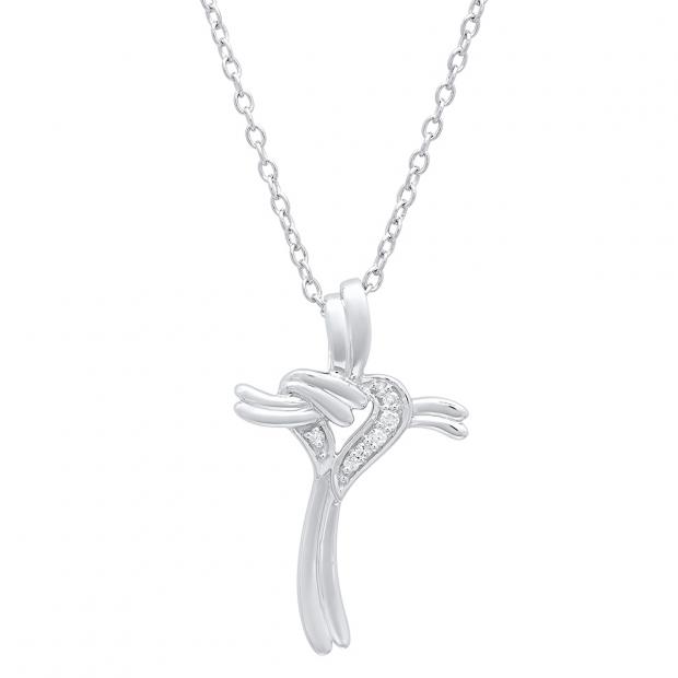 0.10 Carat (ctw) 10K White Gold Round Diamond Ladies Cross Heart Pendant 1/10 CT (Silver Chain)