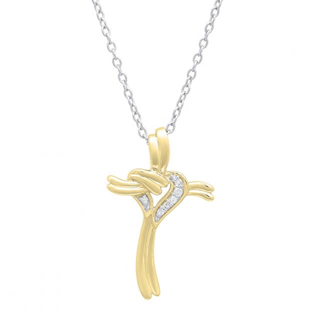 0.10 Carat (ctw) 10K Yellow Gold Round Diamond Ladies Cross Heart Pendant 1/10 CT (Silver Chain)