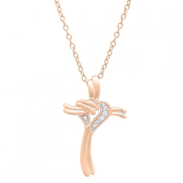 0.10 Carat (ctw) 10K Rose Gold Round Diamond Ladies Cross Heart Pendant 1/10 CT (Gold Chain)