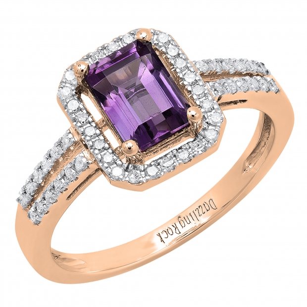 14K Rose Gold 7X5 MM Emerald Shape Amethyst & Round White Diamond Ladies Halo Engagement Ring