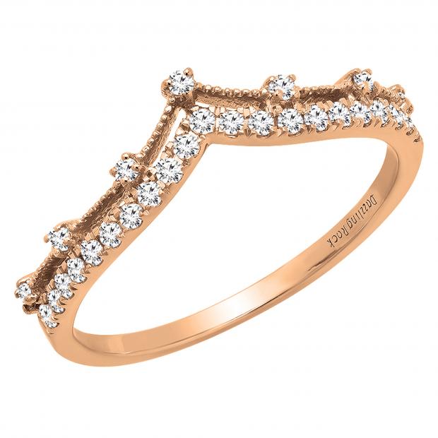 Round White Diamond Beaded Chevron Wedding Band for Women (0.25 ctw, Color I-J, Clarity I2-I3) in 10K Rose Gold