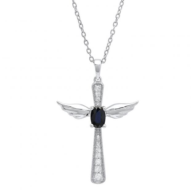 Sterling Silver 6X4 MM Oval Blue Sapphire & Round Diamond Angel Cross Pendant