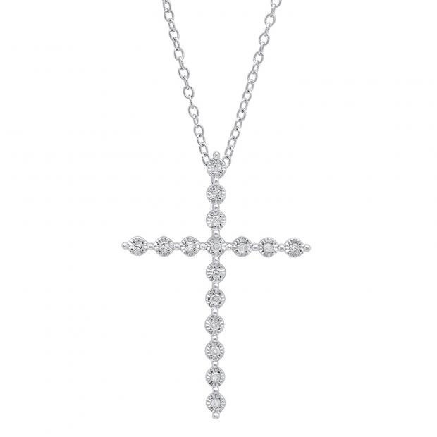 0.15 Carat (ctw) Sterling Silver Round White Diamond Ladies Cross Pendant (Silver Chain Included)