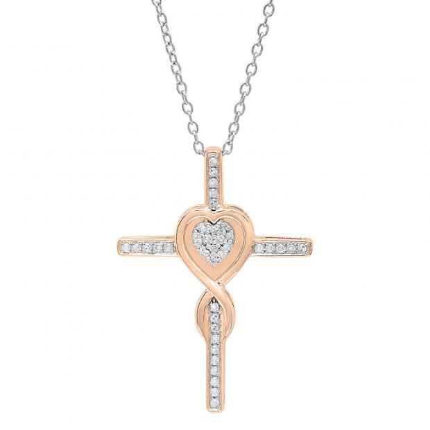 0.20 Carat (ctw) 10K Rose Gold Round Diamond Cross & Heart Pendant 1/5 CT (Silver Chain Included)