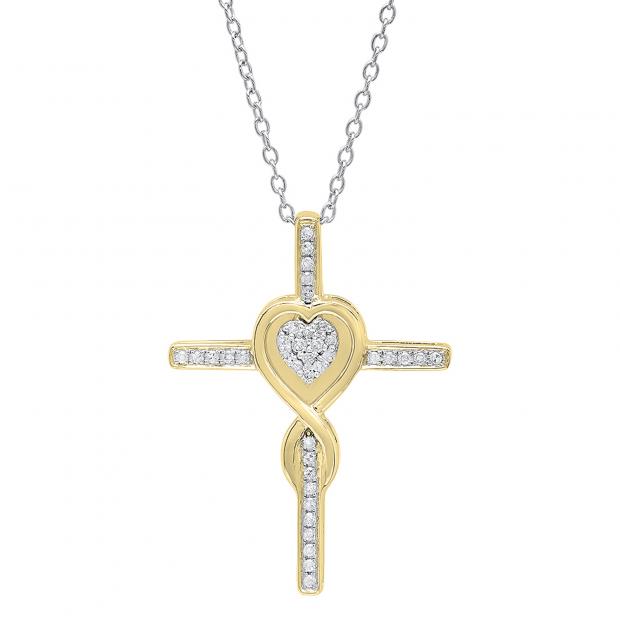 0.20 Carat (ctw) 14K Yellow Gold Round Diamond Cross & Heart Pendant 1/5 CT (Silver Chain Included)