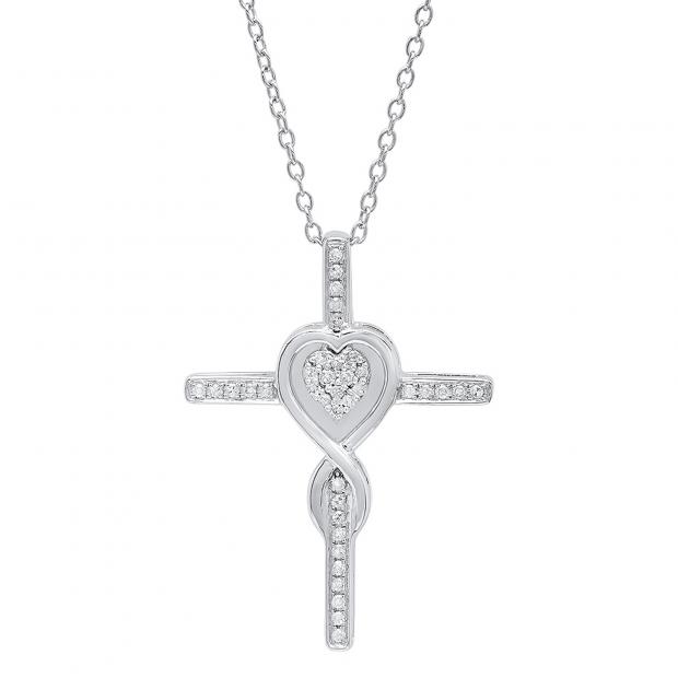 0.20 Carat (ctw) 18K White Gold Round Diamond Cross & Heart Pendant 1/5 CT (Silver Chain Included)