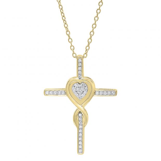 0.20 Carat (ctw) 10K Yellow Gold Round Diamond Cross & Heart Pendant 1/5 CT (Gold Chain Included)