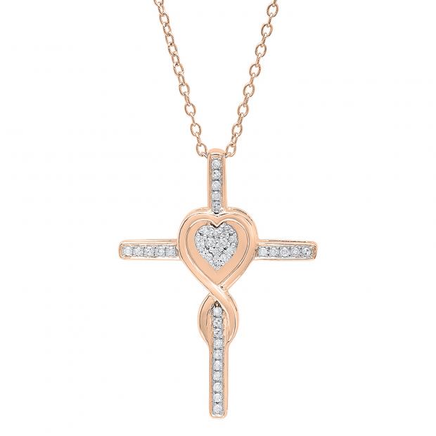 0.20 Carat (ctw) 18K Rose Gold Round Diamond Cross & Heart Pendant 1/5 CT (Gold Chain Included)